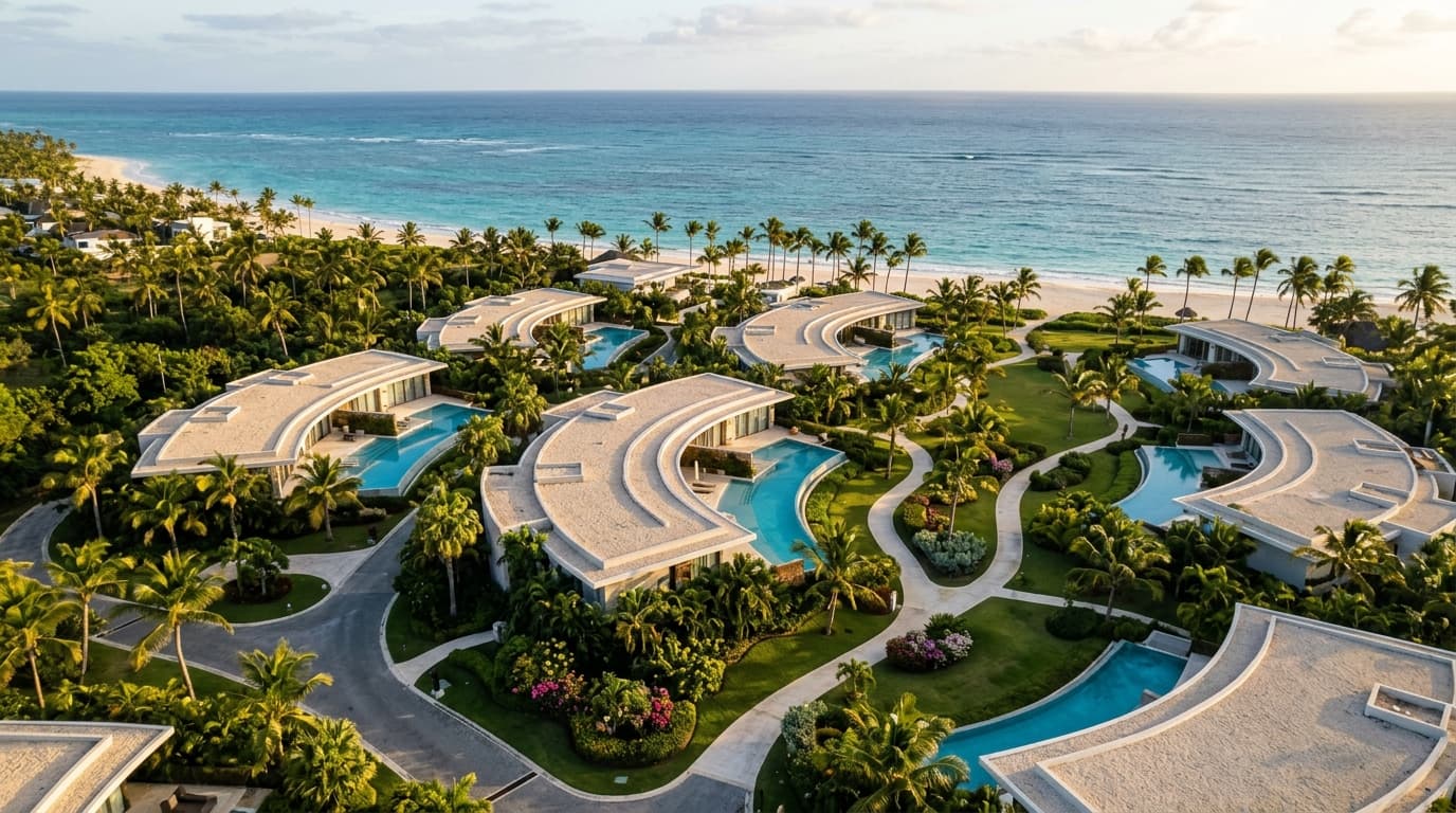 Resort residencial de lujo en Punta Cana al atardecer